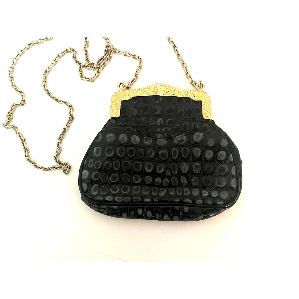 GLEN MILLER FOR ANN TURK EVENING HANDBAG BLACK EMBOSSED LEATHER, EC